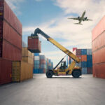 Airplane flying above container port.